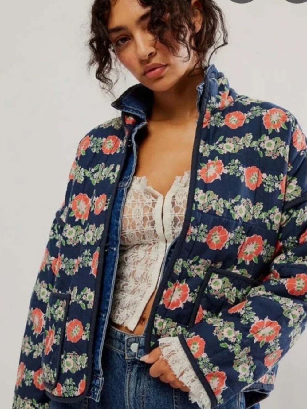 Free People Navy Quilted Floral Jacket with Coral Pink Blooms